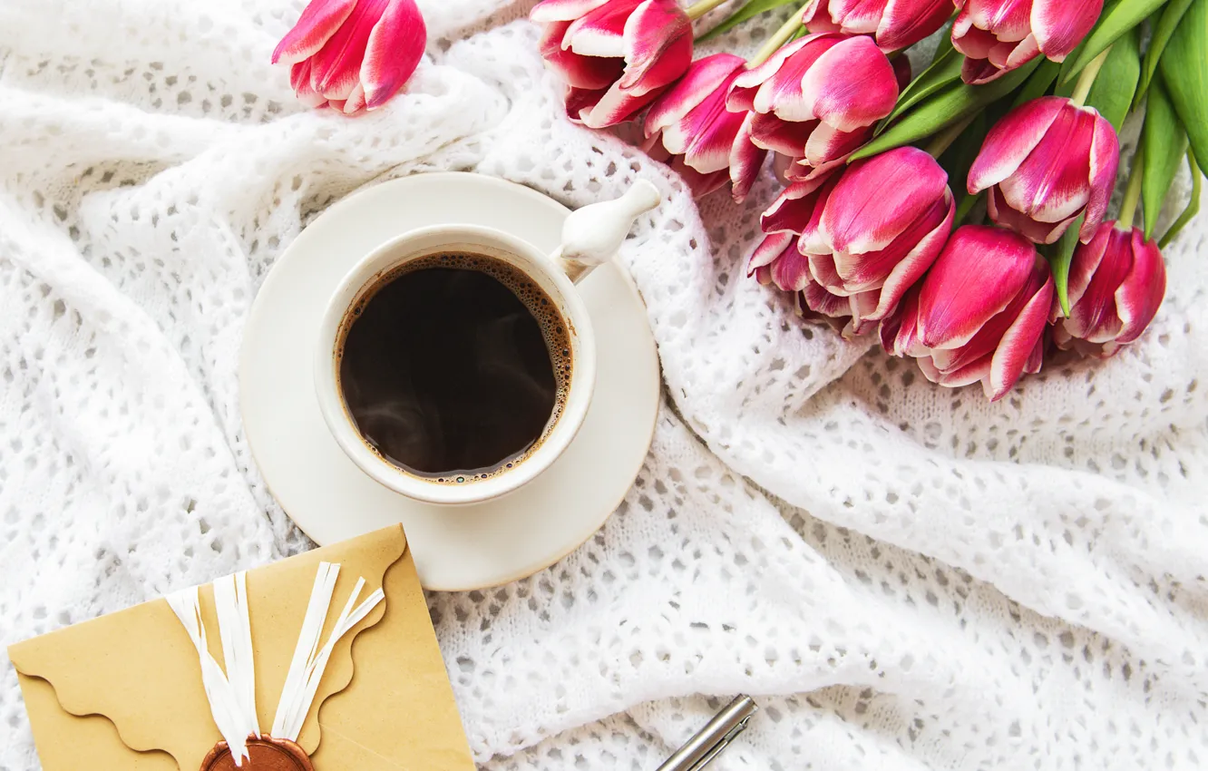 Фото обои кофе, букет, чашка, тюльпаны, конверт, Olena Rudo