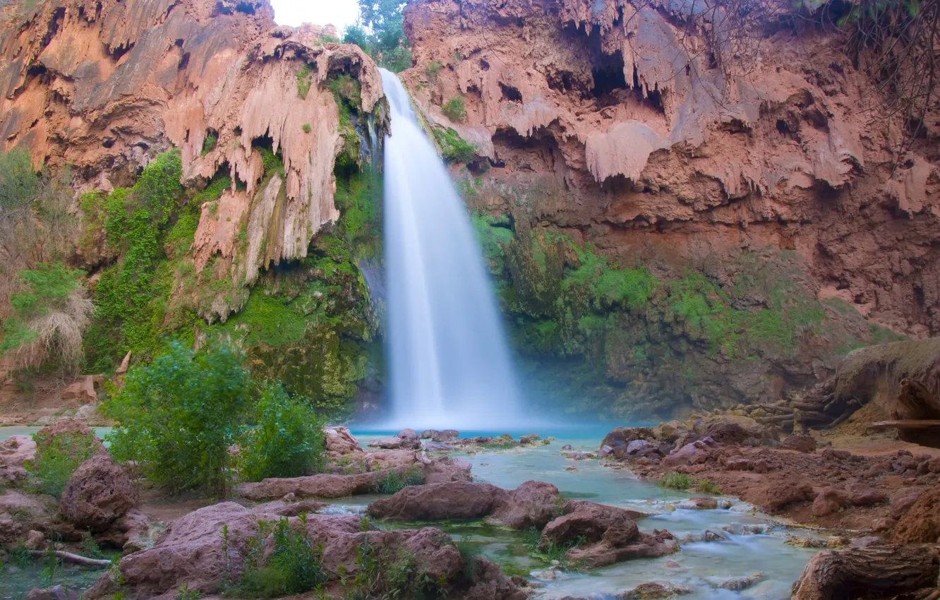 Фото обои скала, Аризона, Гранд-Каньон, Arizona, Grand Canyon, Havasu Falls, водопад Хавасу, Большой каньон