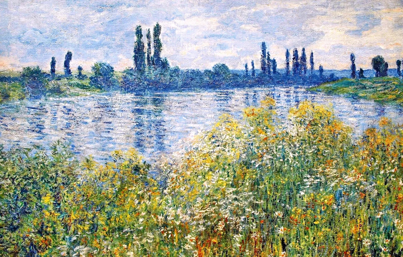 Фото обои небо, трава, деревья, пейзаж, цветы, река, картина, Клод Моне