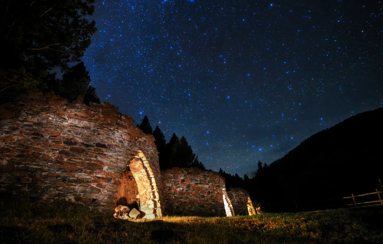Фото обои космос, звезды, деревья, ночь, руины