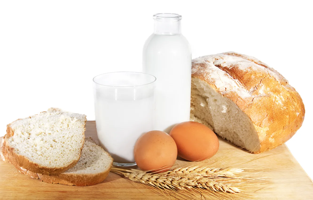 Фото обои пшеница, еда, яйца, молоко, хлеб, кувшин, простая еда