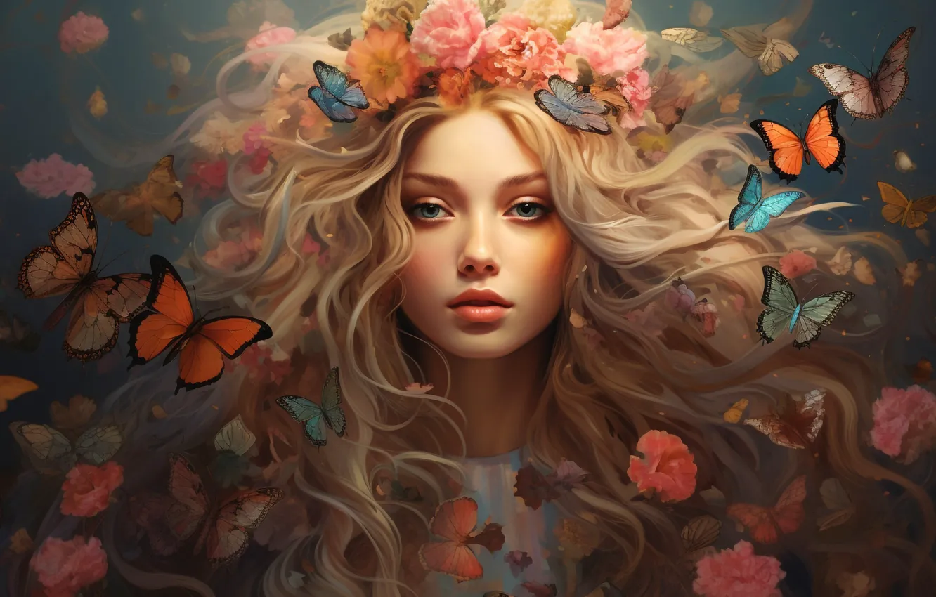 Фото обои девушка, бабочки, цветы, волосы, портрет, блондинка, венок, digital art