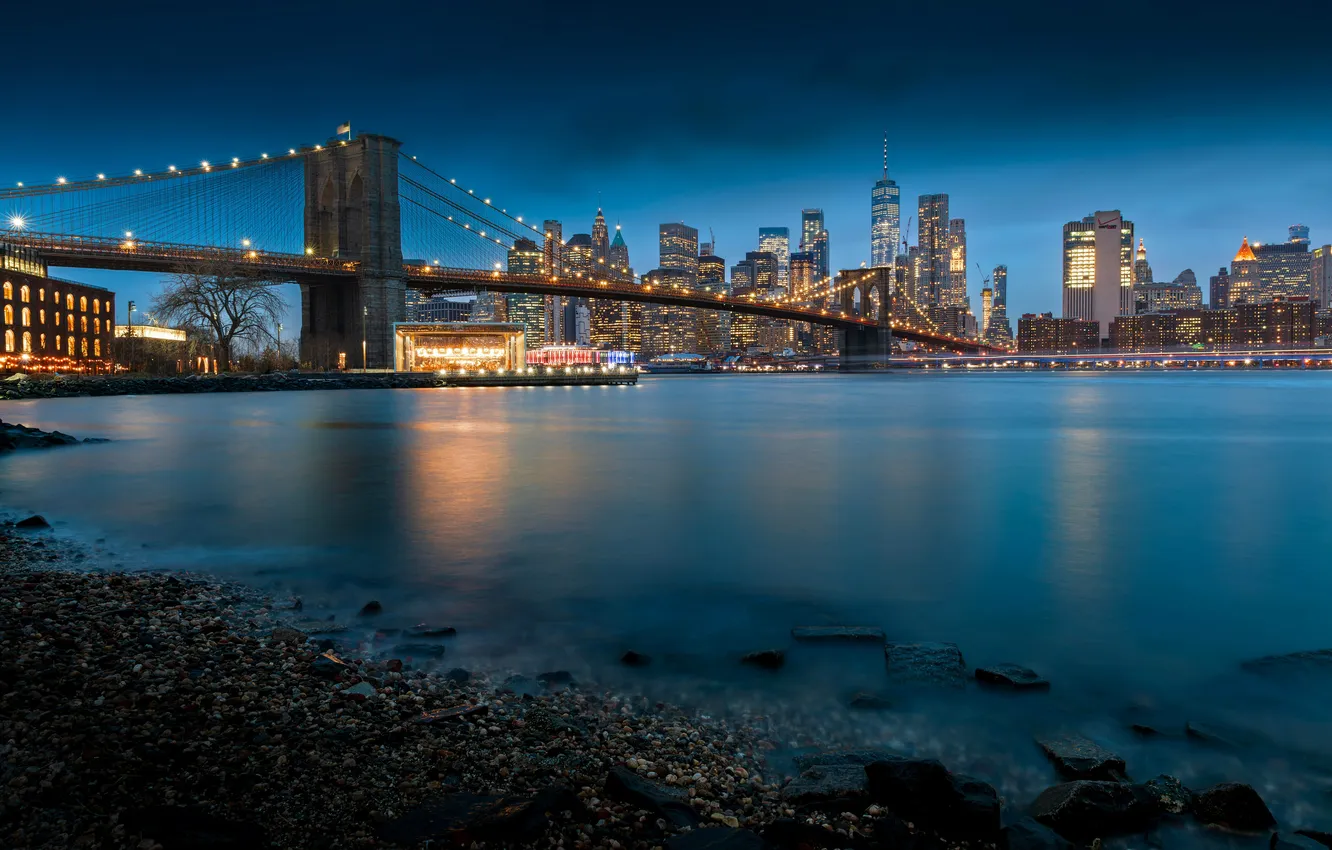 Фото обои Нью-Йорк, Ночь, USA, США, Бруклинский мост, United States, New York, Night