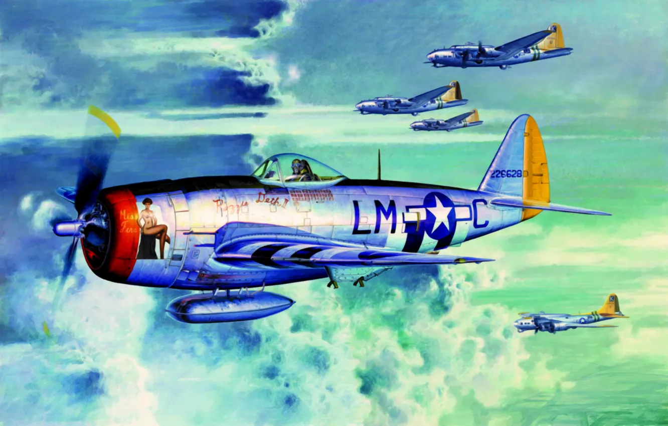 Фото обои fighter, war, art, painting, B-17, ww2, P 47 Thunderbolt