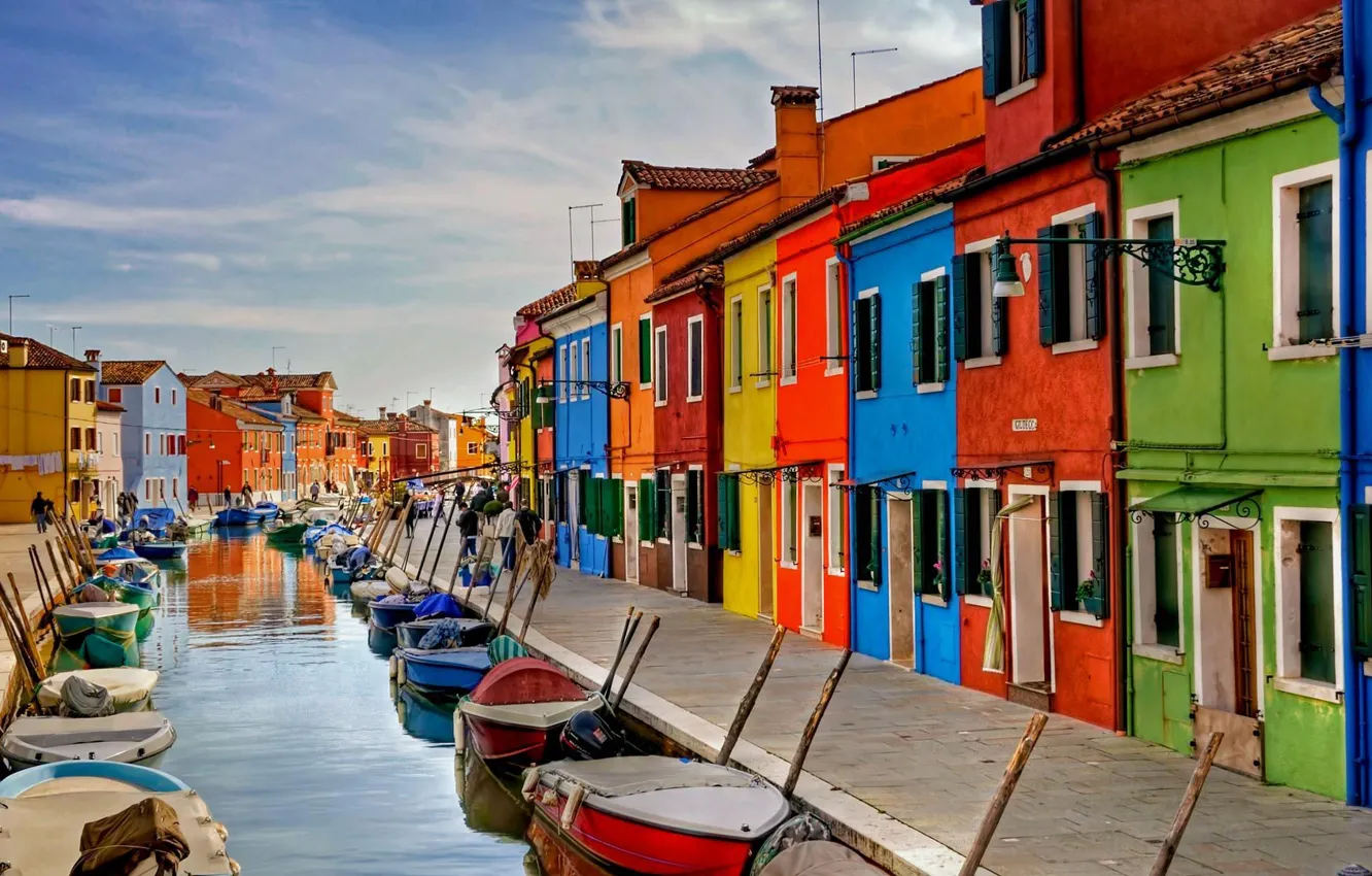 Фото обои краски, дома, лодки, Италия, Венеция, канал, остров Бурано
