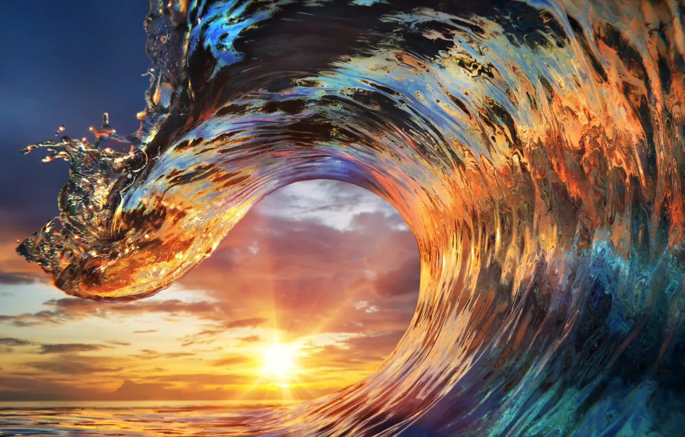 Фото обои ocean, sunset, water, wave