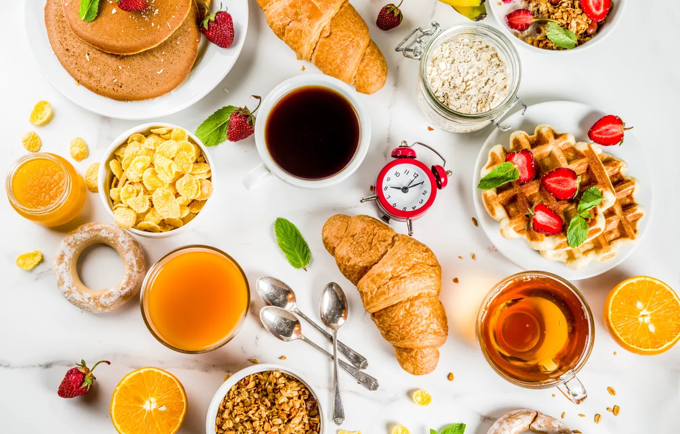 Фото обои ягоды, чай, кофе, завтрак, сок, вафли, выпечка, оладьи