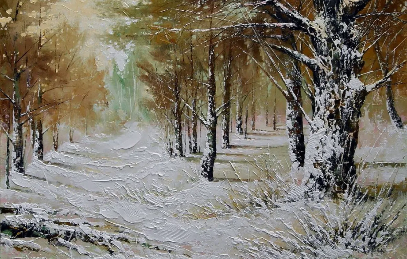 Фото обои зима, лес, снег, деревья, пейзаж, картина, мороз, сугробы