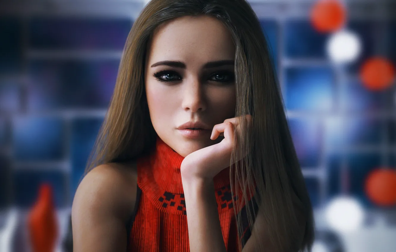 Фото обои Девушка, Взгляд, Губы, Лицо, Girl, Шатенка, Beautiful, Графика