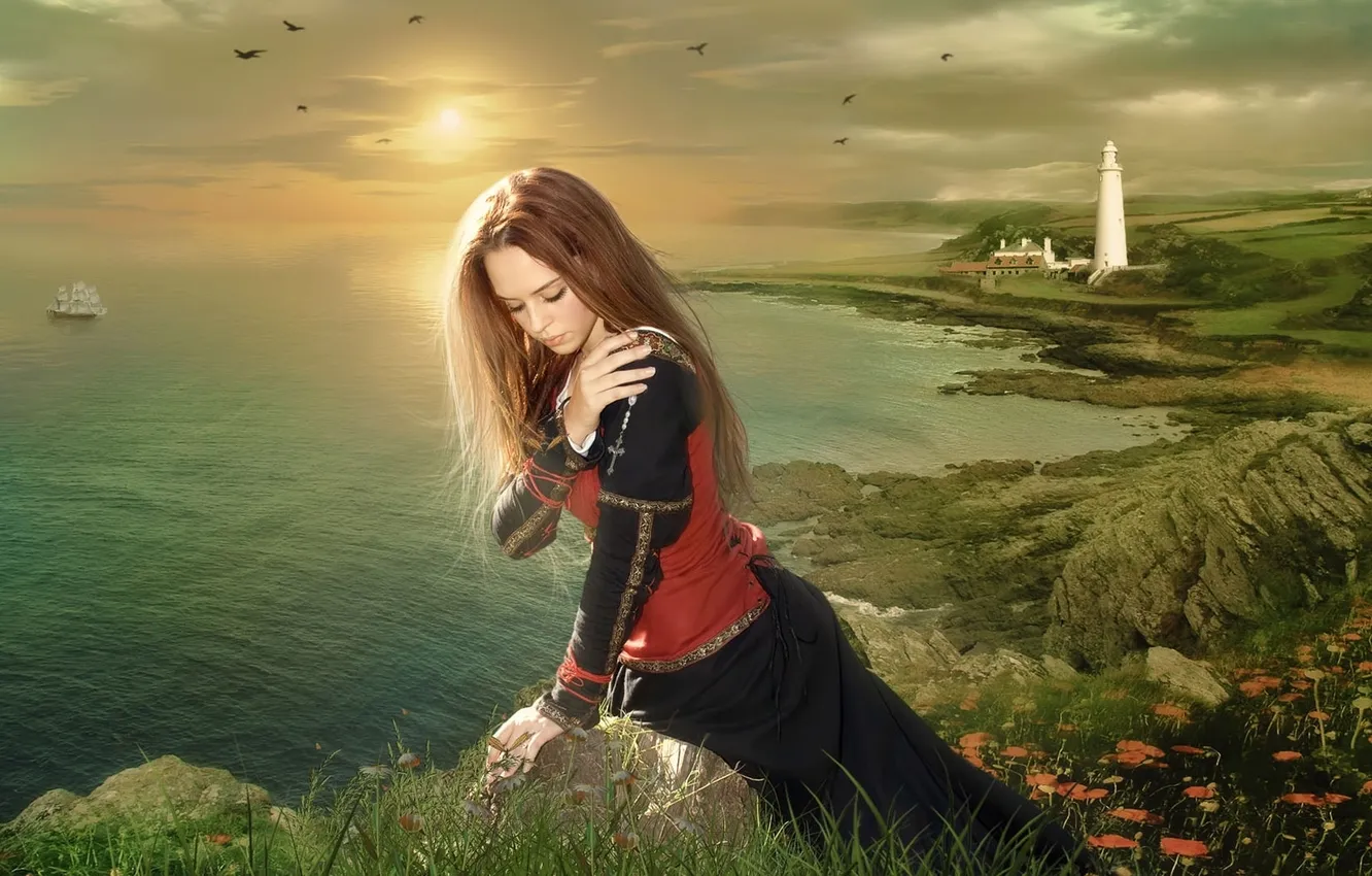 Фото обои море, девушка, закат, романтика, маяк, корабль