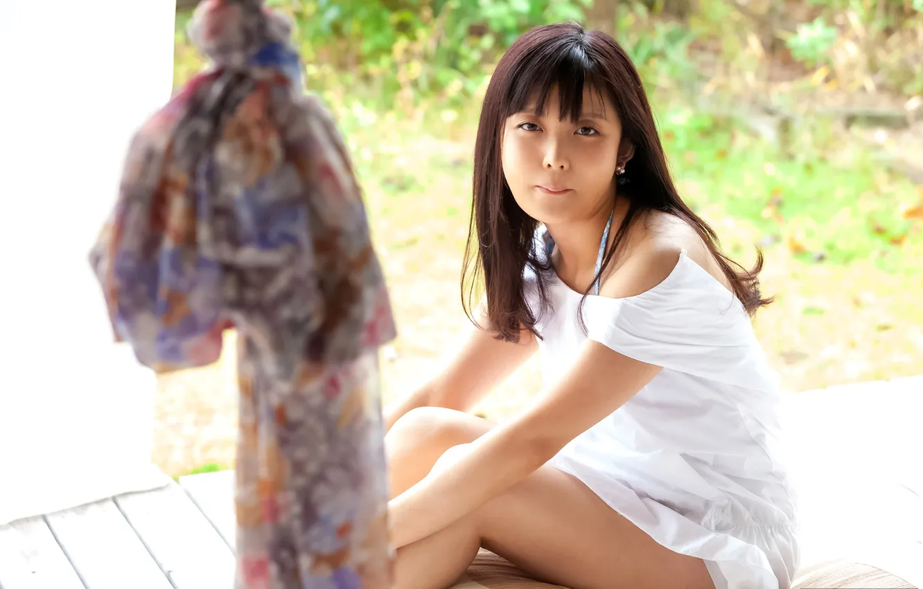 Фото обои Beautiful, Asian, Model, Woman, Pretty, Japanese, Sitting, Porch