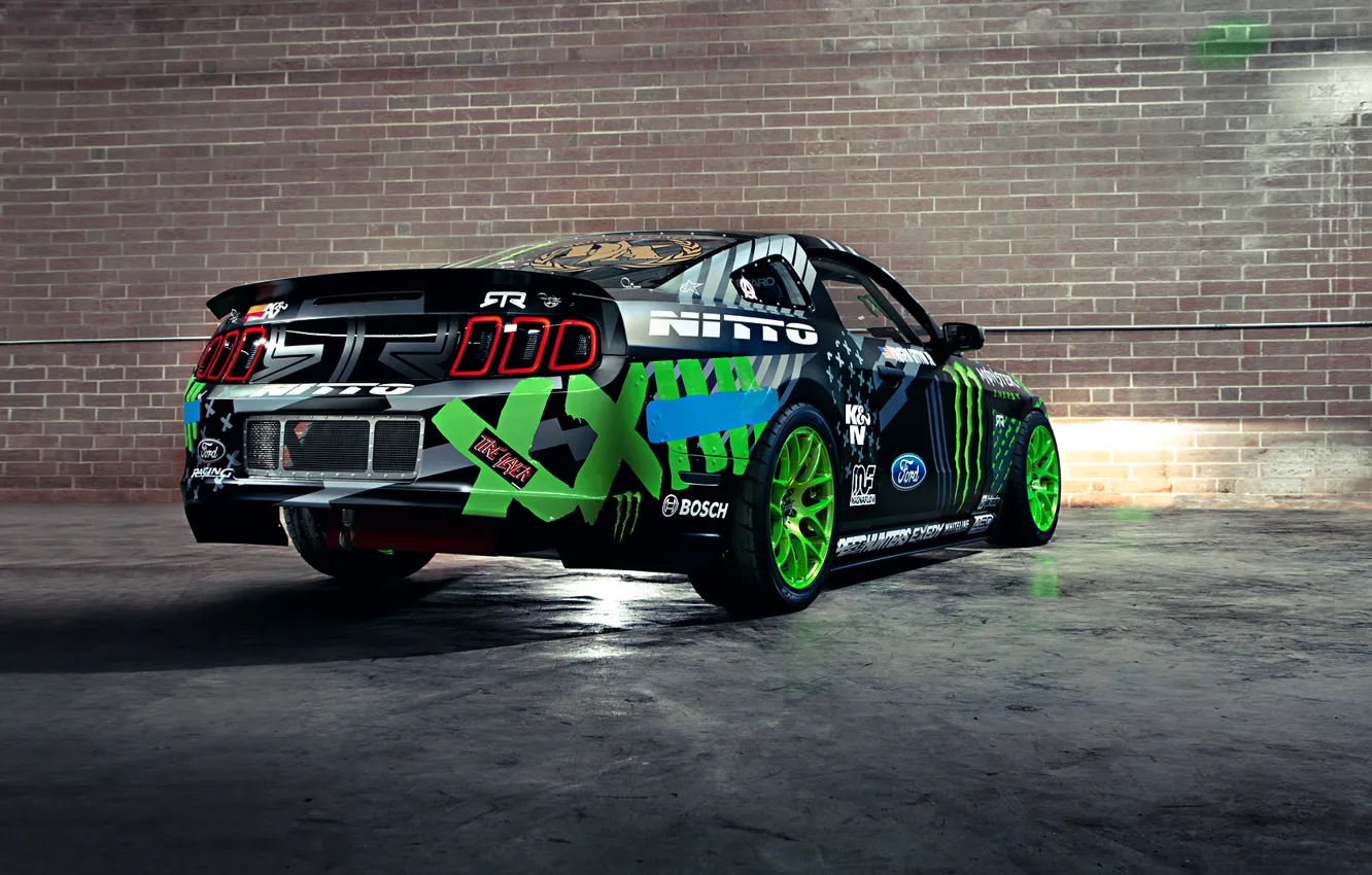 Фото обои Mustang, Ford, Drift, Wall, Green, Black, RTR, Team