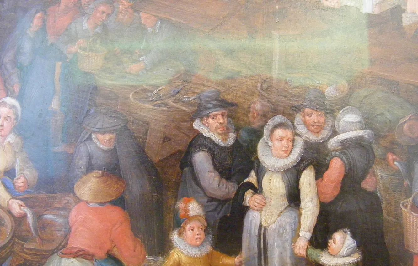 Фото обои Большой рыбный рынок, 1603, Ян Брейгель Старший (Бархатный), деталь семья художника