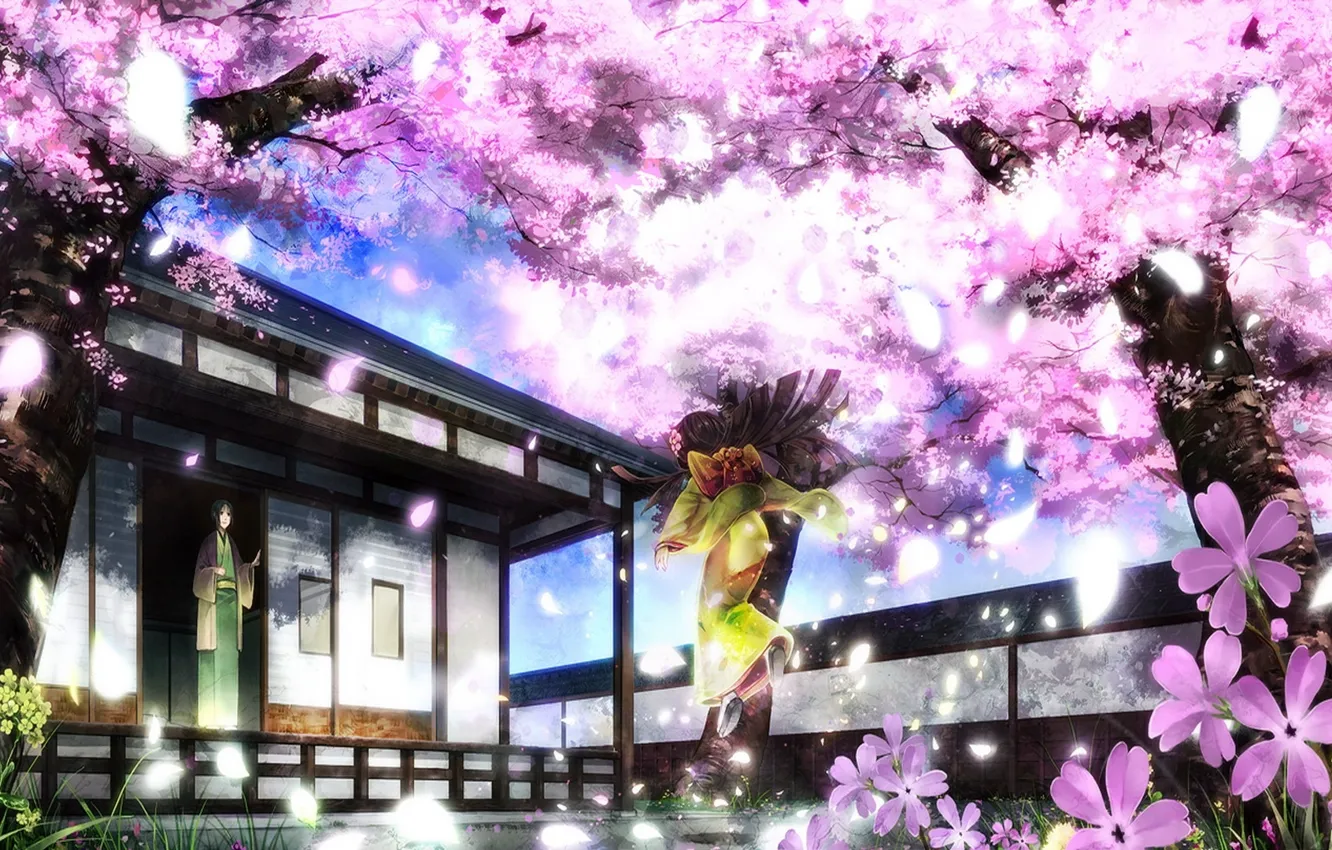 Фото обои лепестки, сад, сакура, кимоно, двое, цветение, веранда