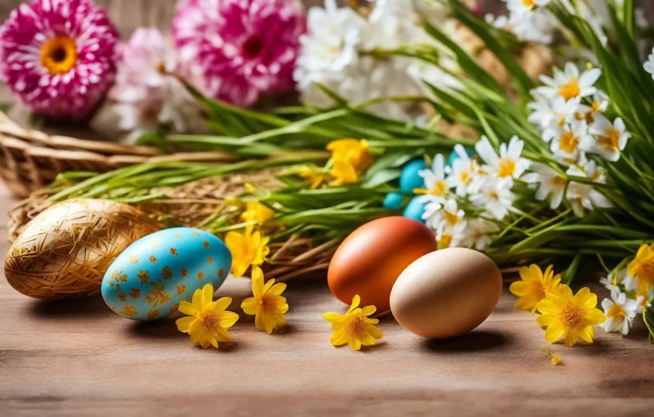 Фото обои цветы, яйца, весна, colorful, Пасха, happy, flowers, spring