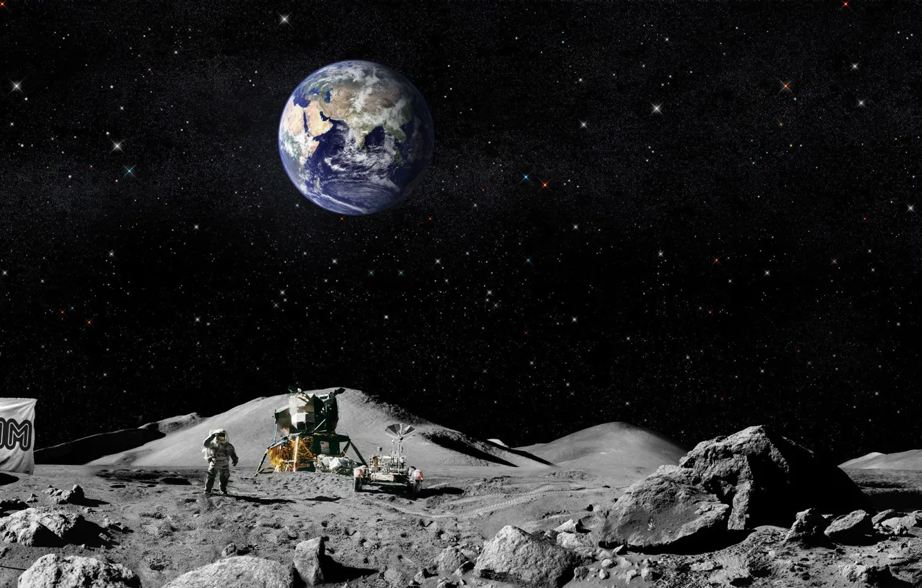Фото обои земля, луна, флаг, американцы, Астронавты