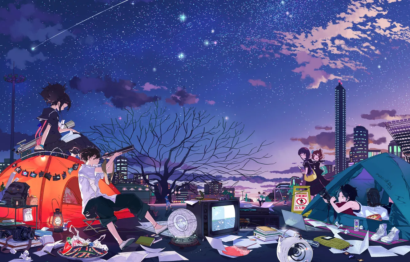 Фото обои небо, девушка, звезды, облака, деревья, город, дома, вечер