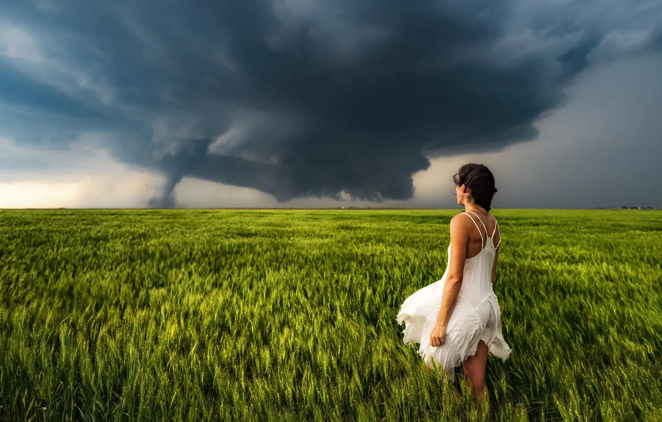 Фото обои поле, девушка, торнадо