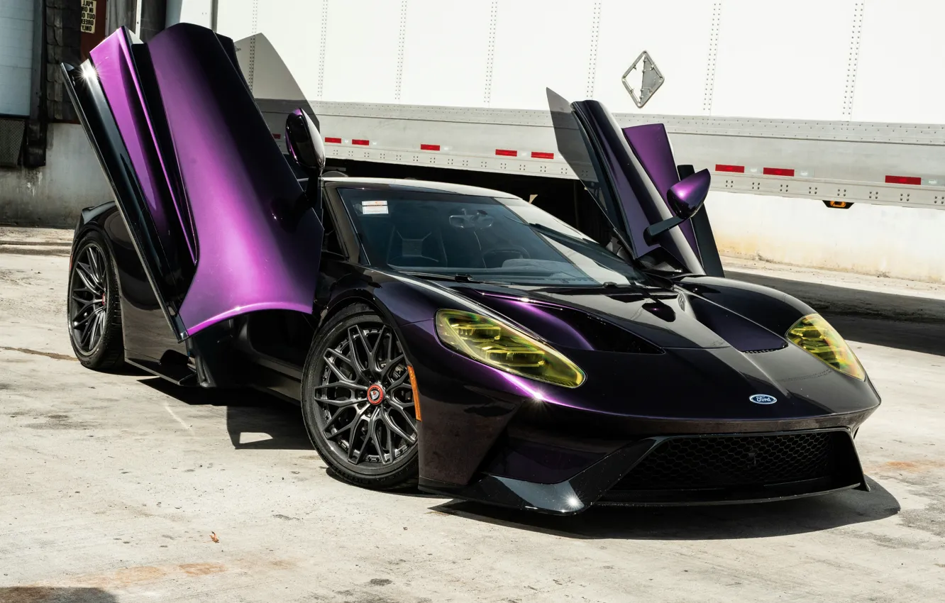 Фото обои Ford, Ford GT, Purple, Front, Sportcar, Open Doors