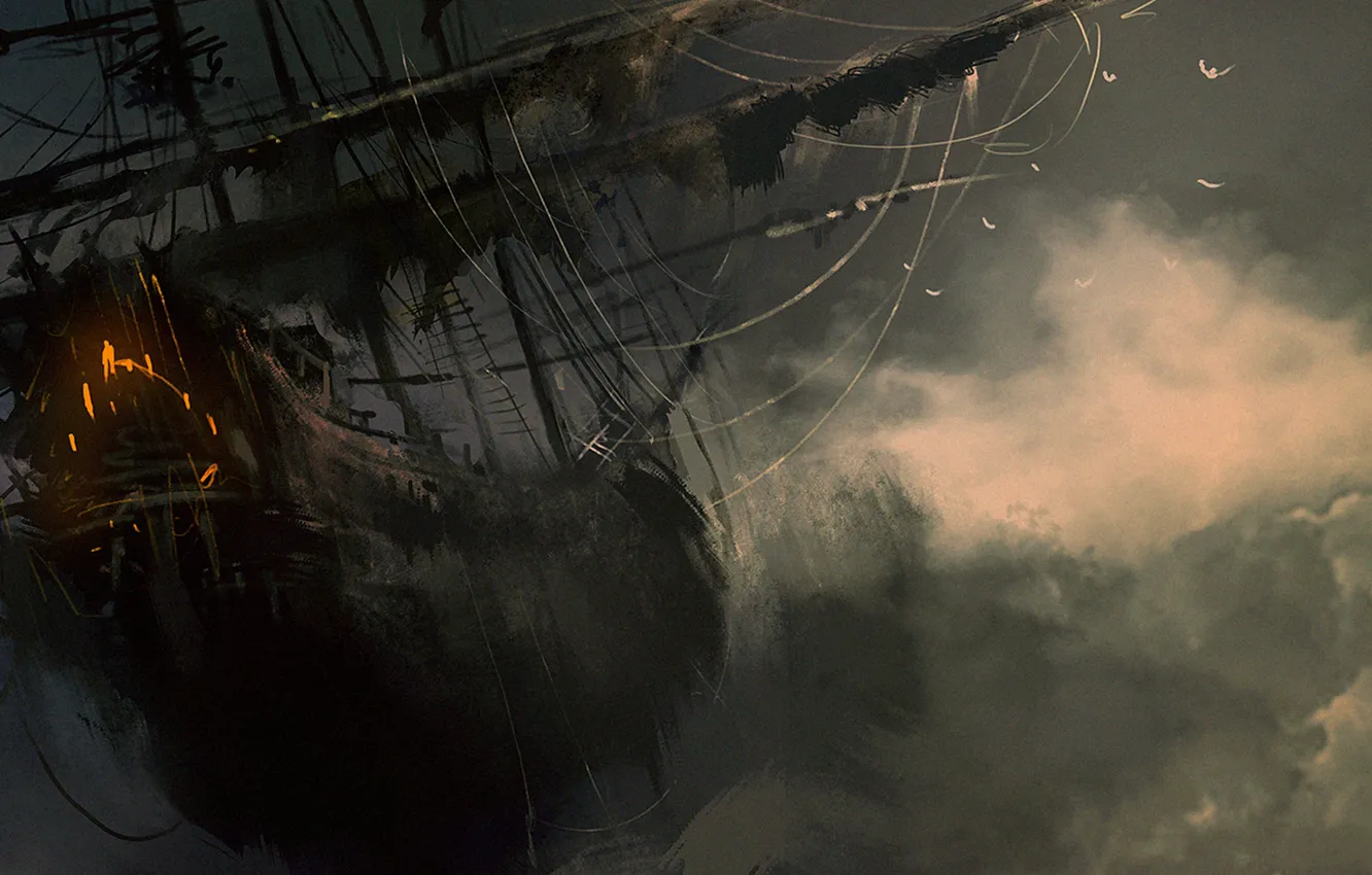 Фото обои море, туман, птица, корабль