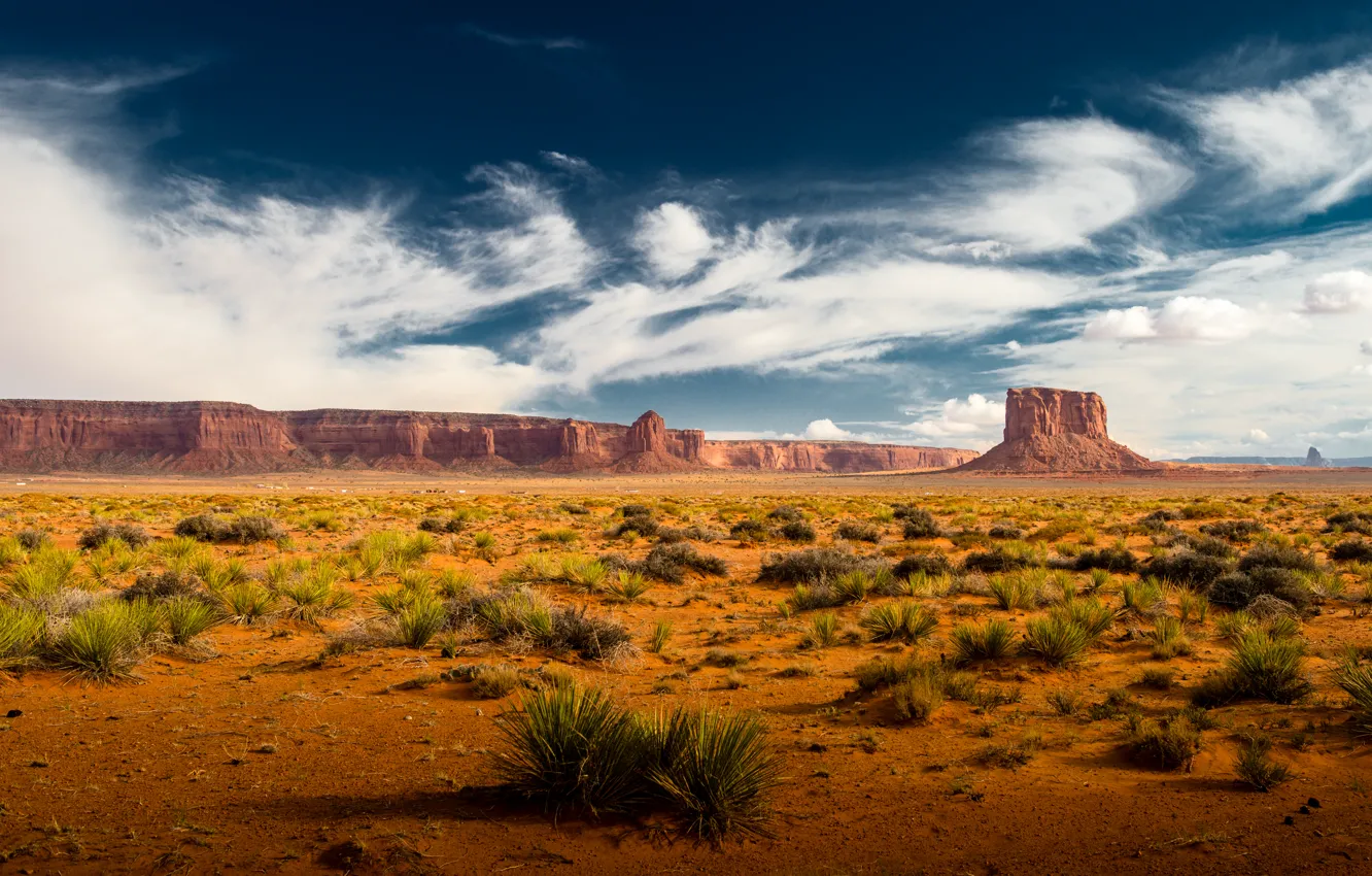 Фото обои трава, облака, скалы, пустыня