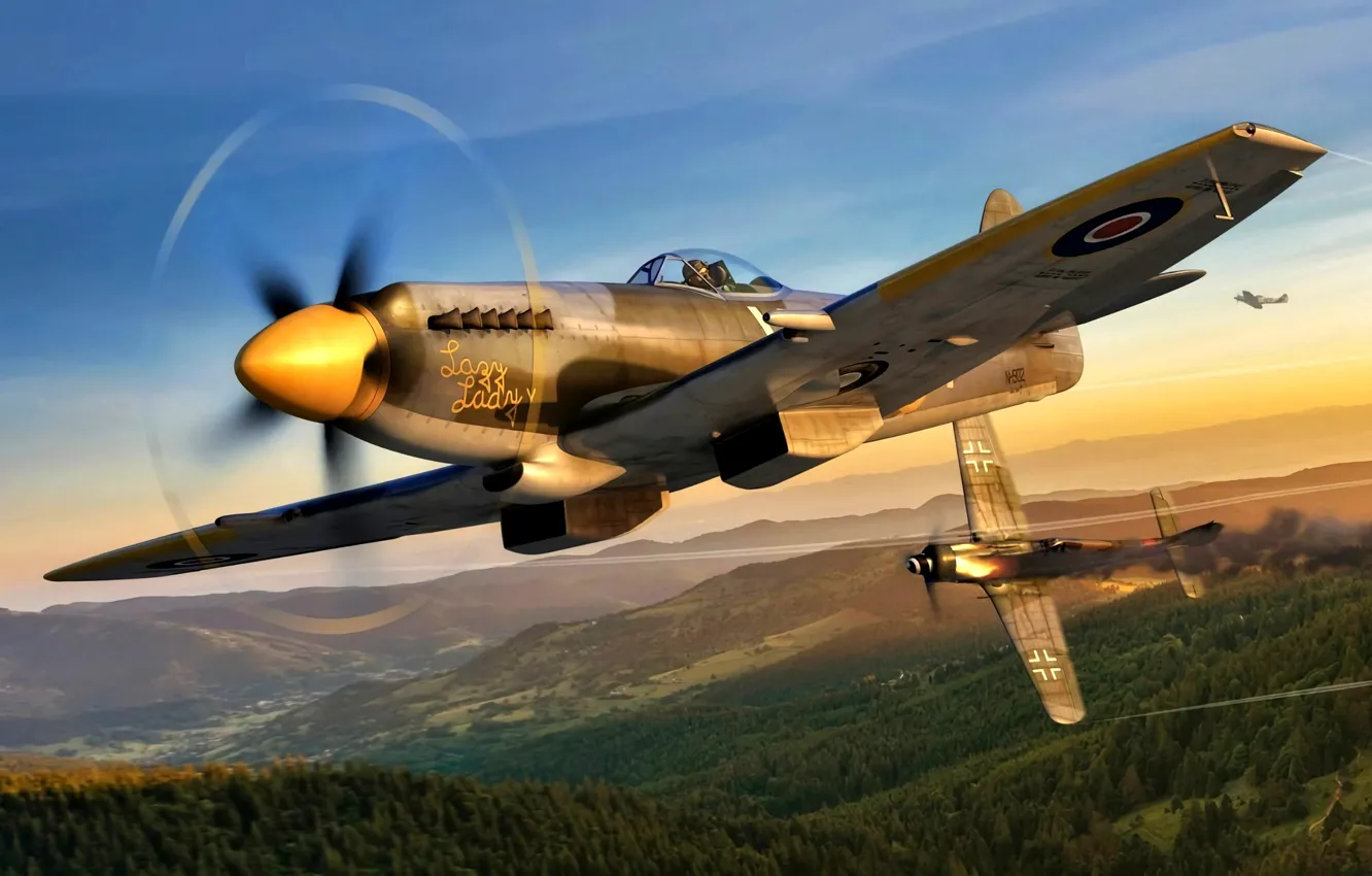 Фото обои истребитель-бомбардировщик, Focke-Wulf, Supermarine, WWII, Fw.190D-9, Spitfire Mk.XIVe