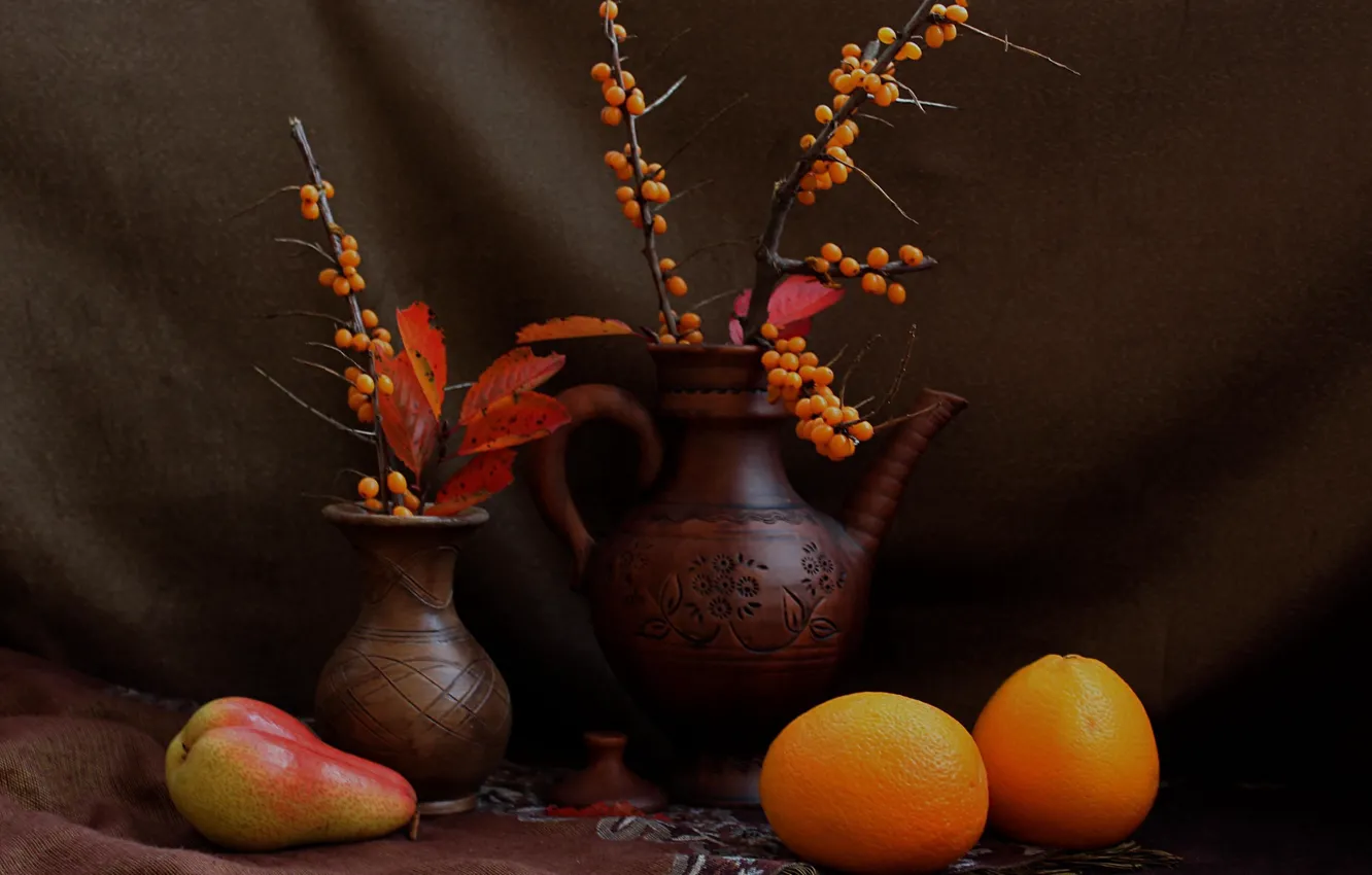 Фото обои осень, ветки, апельсины, груша, фрукты, натюрморт, облепиха