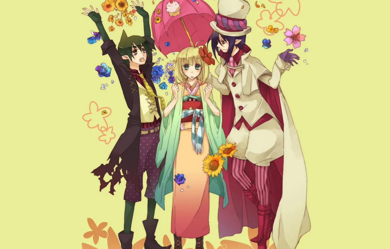 Фото обои цветы, зонтик, кимоно, трое, ao no exorcist, синий экзорцист