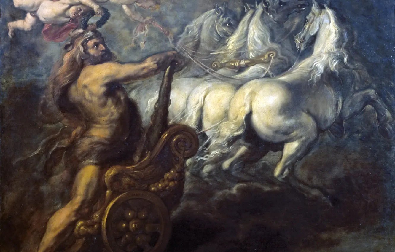 Фото обои колесница, ангел, картина, лошади, мифология, Jean Baptiste Borrekens, Апофеоз Геркулеса