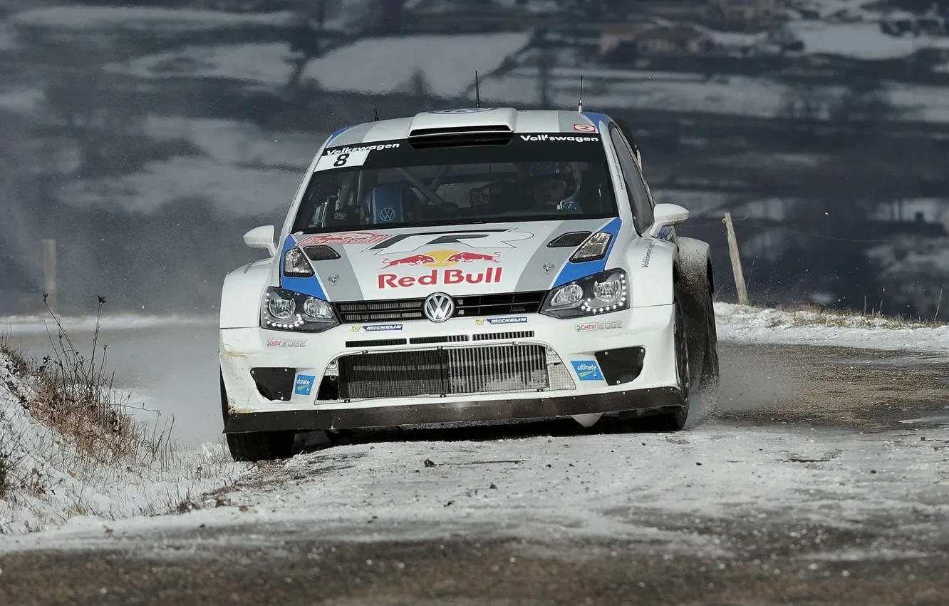Фото обои Снег, Volkswagen, Red Bull, WRC, Ралли, Передок, Polo