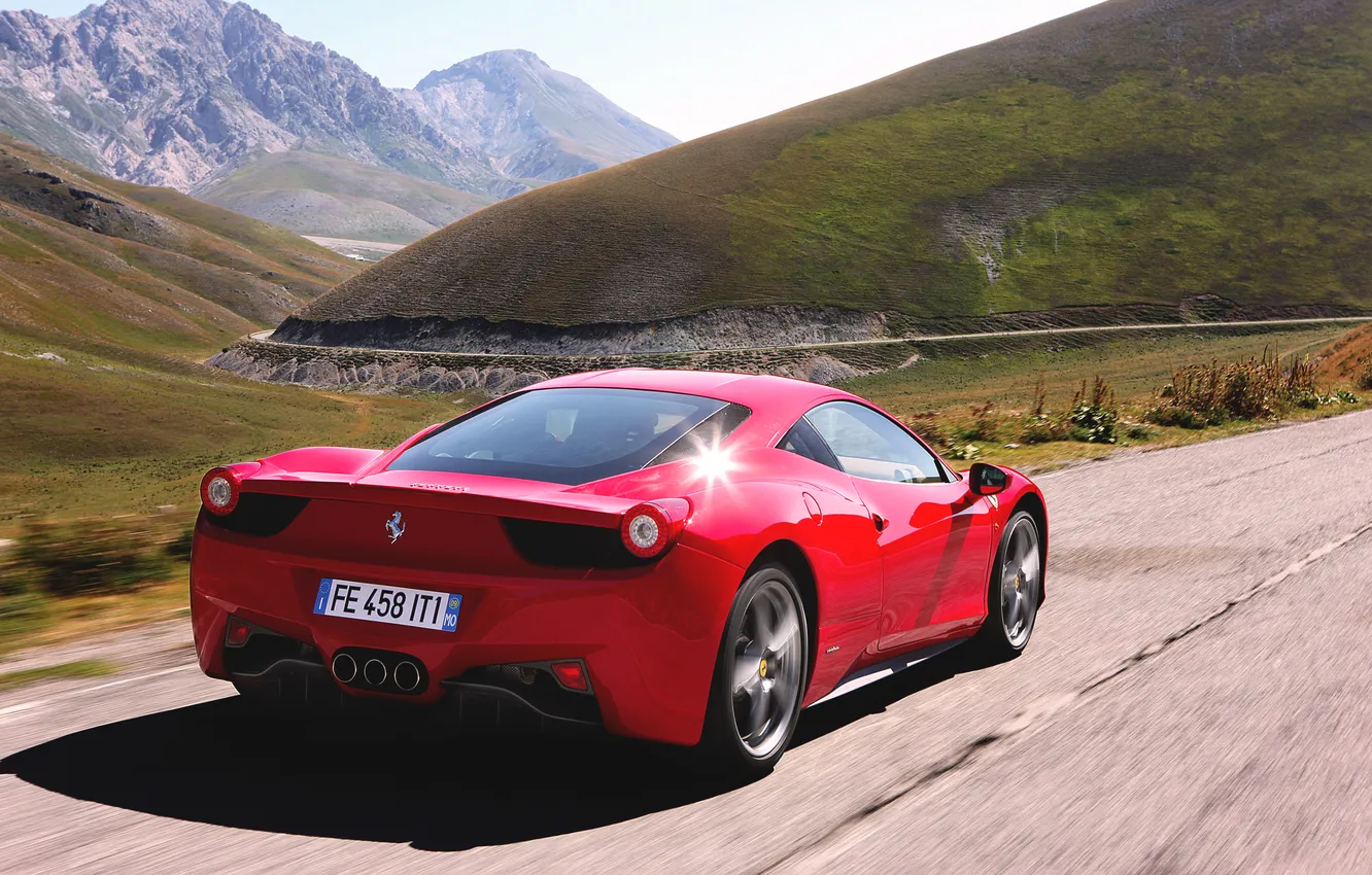 Фото обои Красный, Авто, Дорога, Горы, День, Ferrari, 458, Italia
