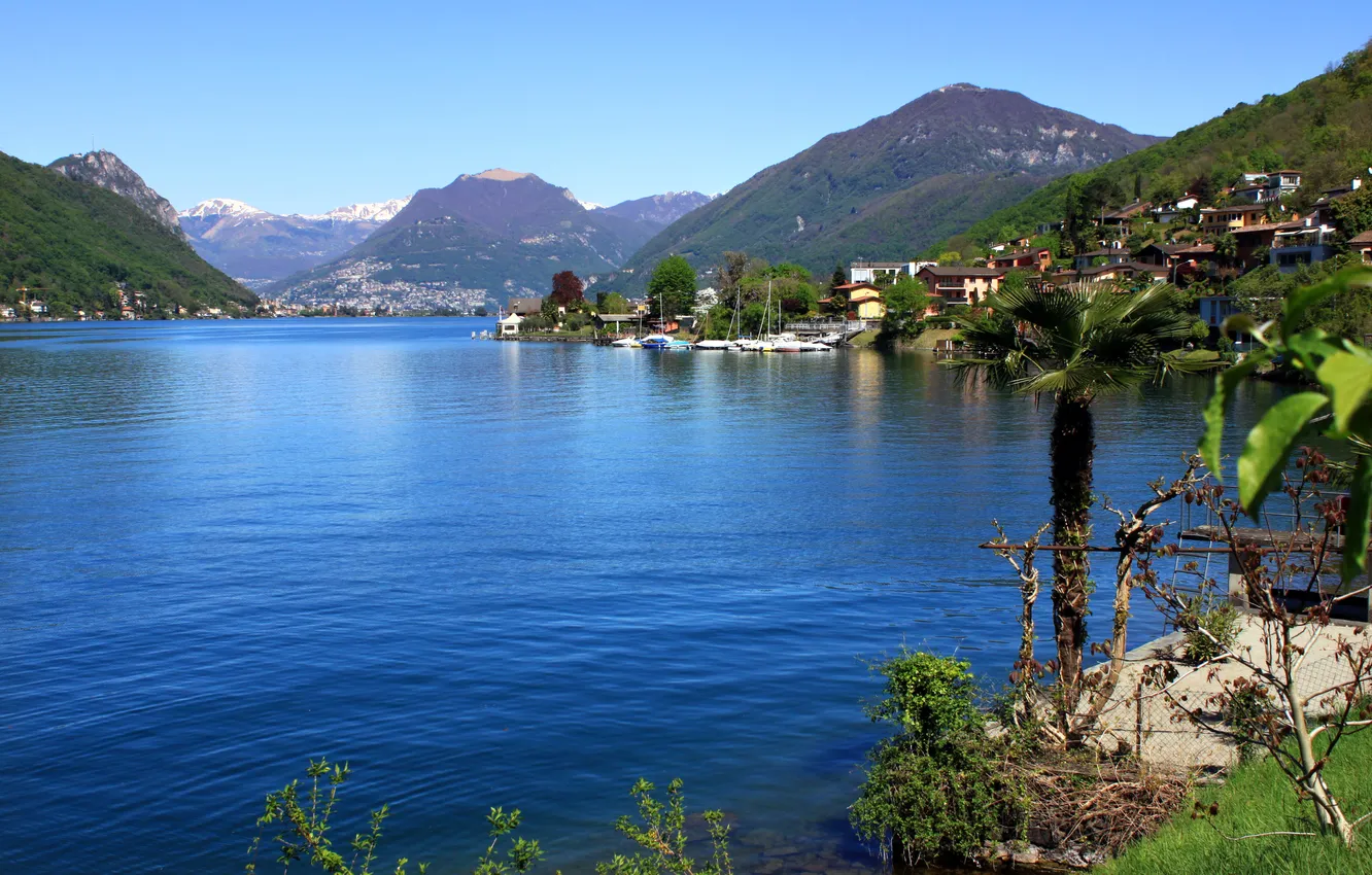 Фото обои горы, озеро, берег, дома, Швейцария, Luganer See, Brusino Arsizio
