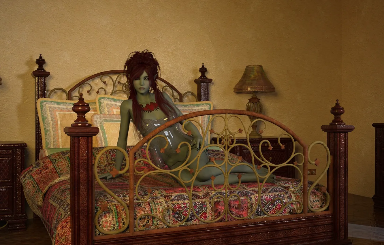 Фото обои девушка, кровать, зелёная кожа