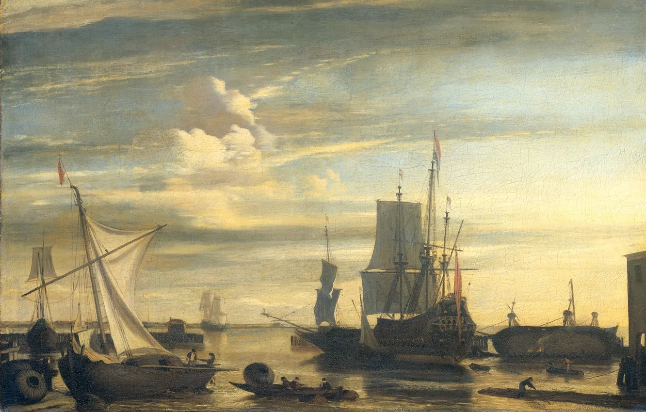 Фото обои корабль, масло, парусник, картина, холст, Jan Claesz Rietschoof, 1699, Гавань на закате