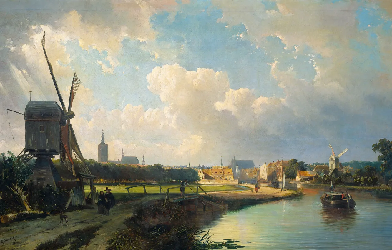 Фото обои пейзаж, масло, картина, ветряная мельница, Каспар Карсен, Вид на Гаагу от Делфта