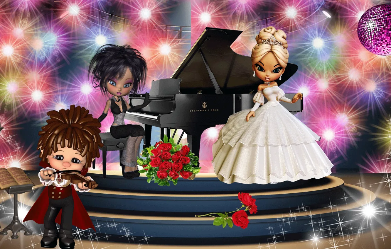 Фото обои скрипка, сцена, мультфильм, куклы, розы, букет, рояль, концерт
