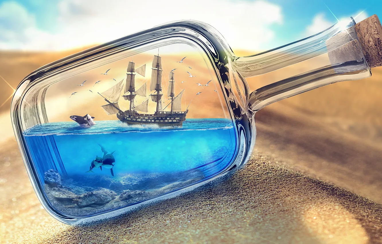 Фото обои песок, море, пустыня, корабль, бутылка, фотоарт, корабль в бутылке, море в бутылке