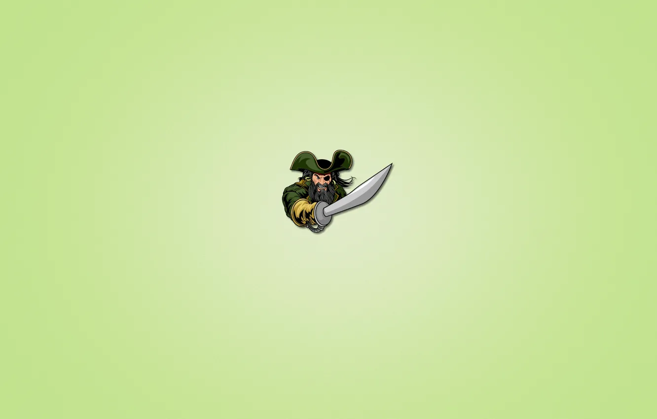 Фото обои минимализм, меч, пират, борода, одноглазый, светло зеленый фон
