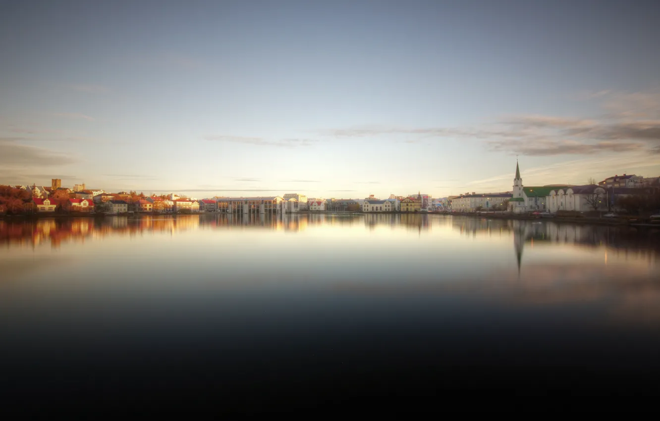 Фото обои отражение, церковь, залив, Исландия, reflection, Iceland, Рейкьявик, bay