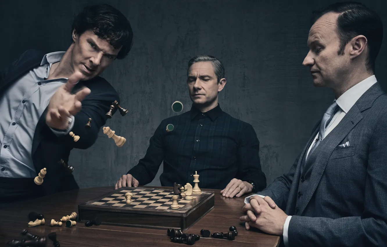 Фото обои шахматы, Шерлок Холмс, Мартин Фримен, Бенедикт Камбербэтч, Sherlock, Марк Гэтисс, Майкрофт Холмс, Sherlock BBC