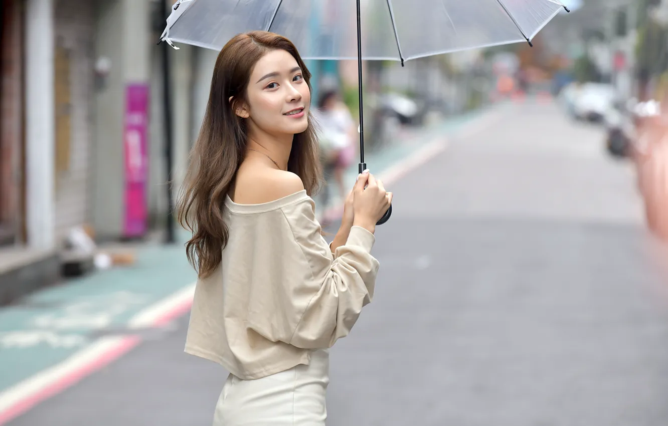 Фото обои девушка, зонтик, улица, азиатка, милашка, боке