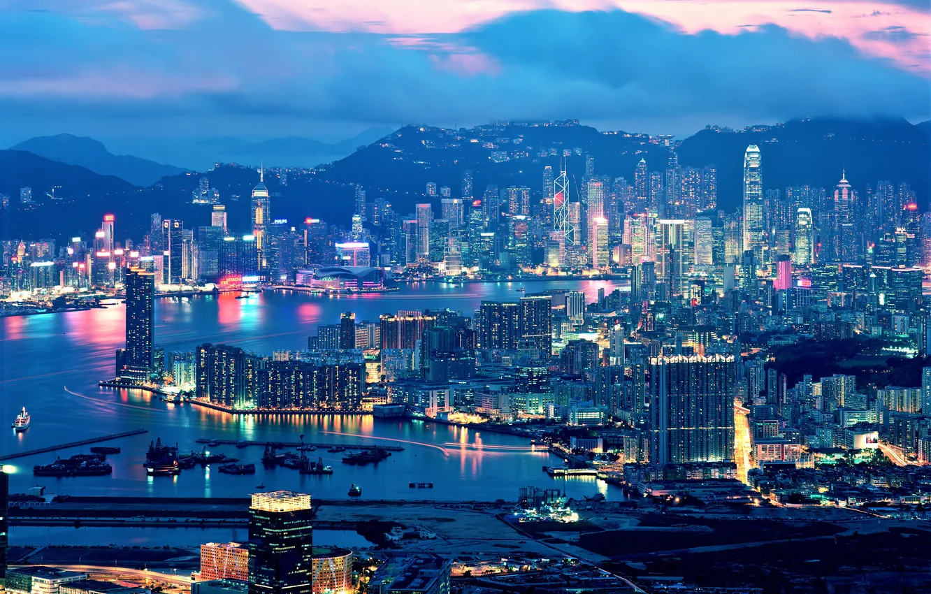 Фото обои огни, вечер, Hong Kong