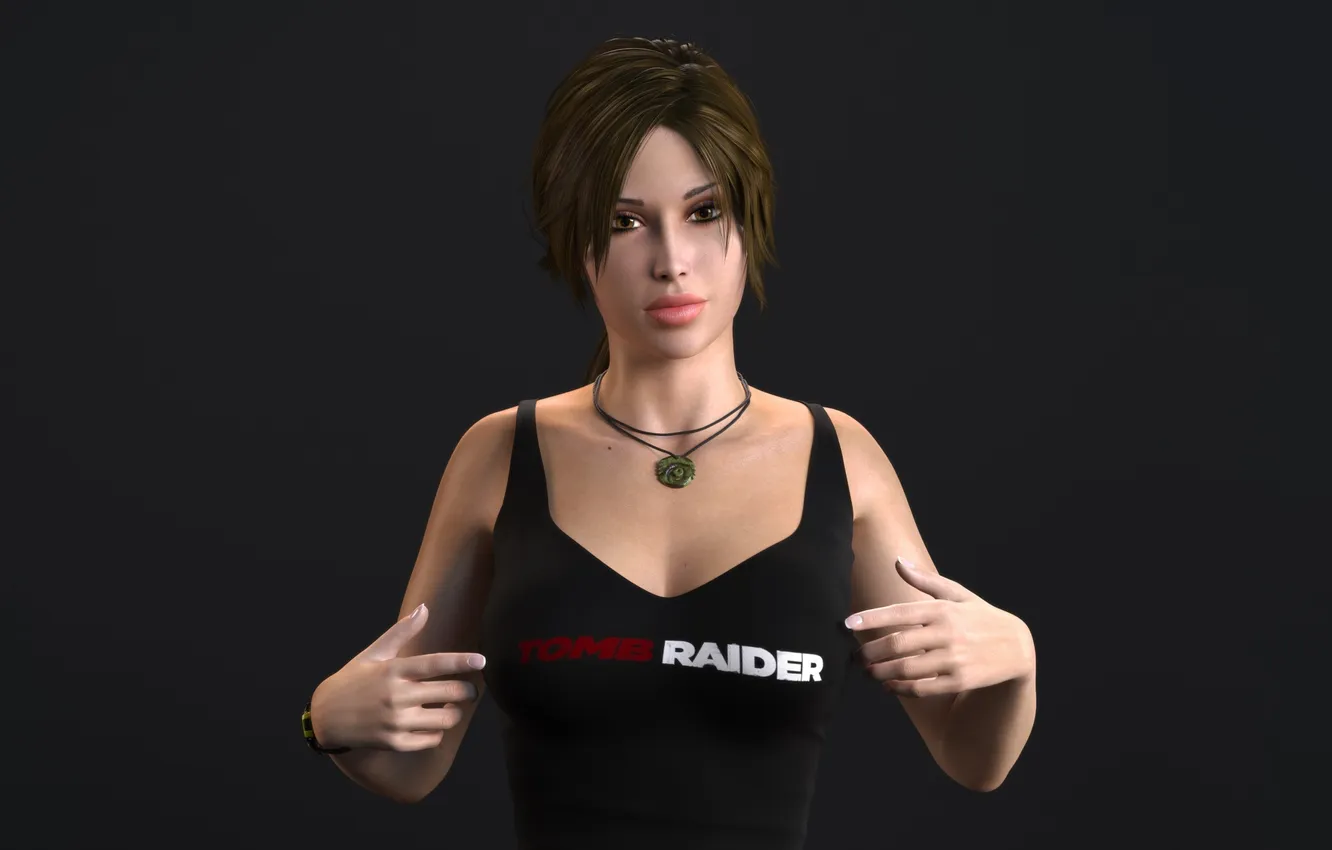 Фото обои взгляд, девушка, фон, майка, Tomb Raider, Lara Croft, ренденинг