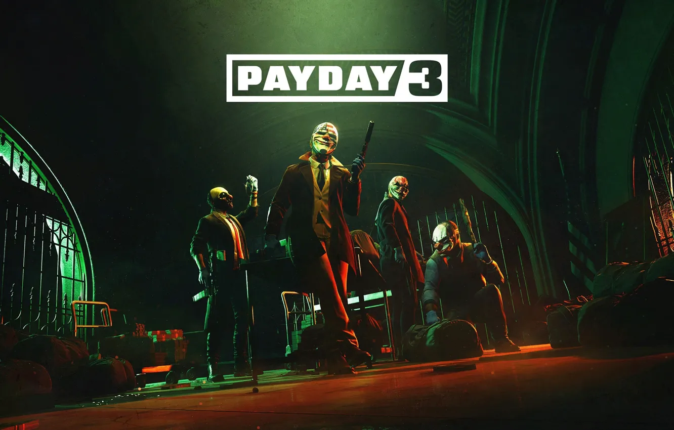 Фото обои бандиты, маски, грабители, решетки, кастюмы, Pay Day 3