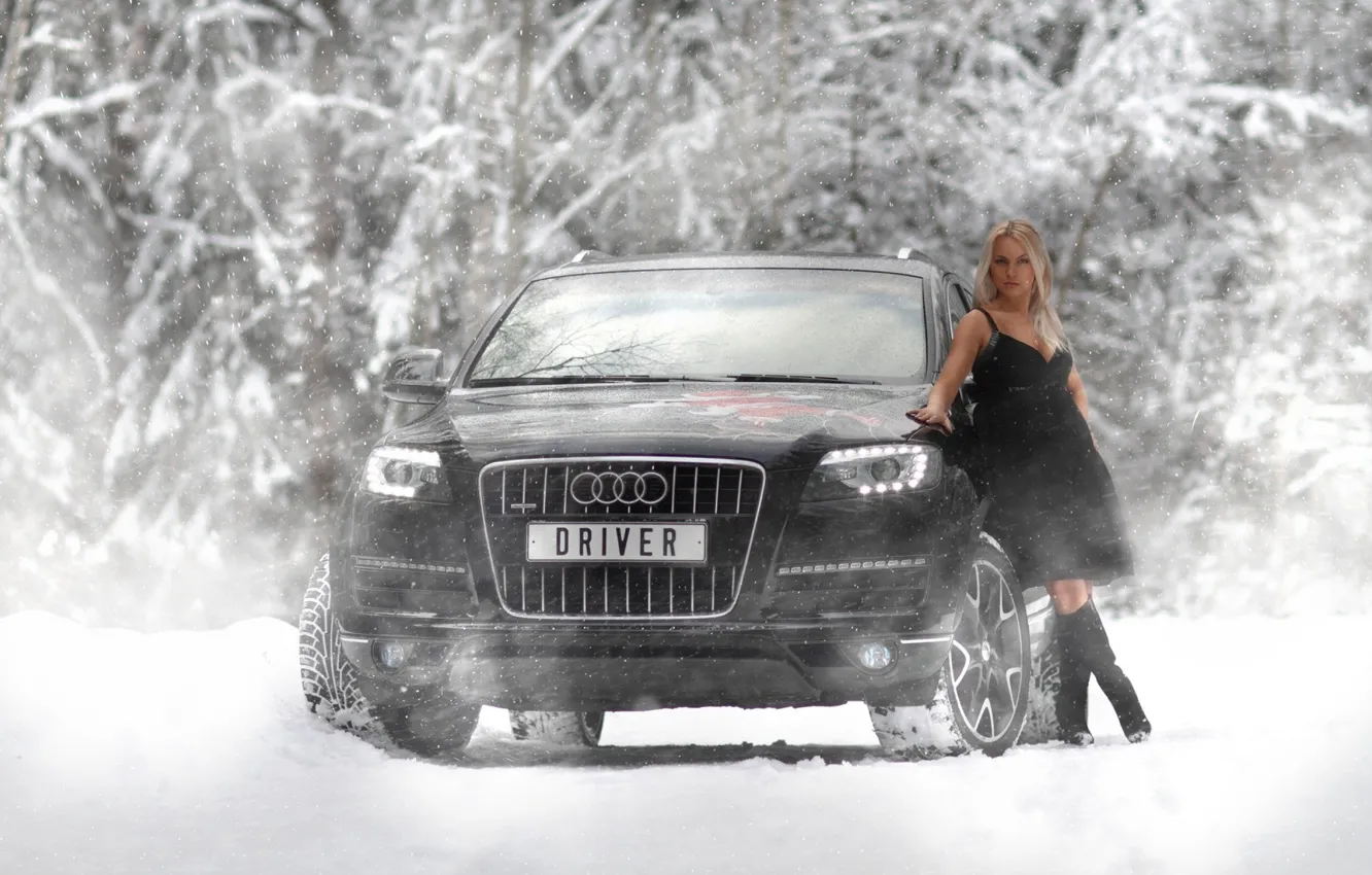 Фото обои зима, авто, Audi, Девушки, девушка блондинка