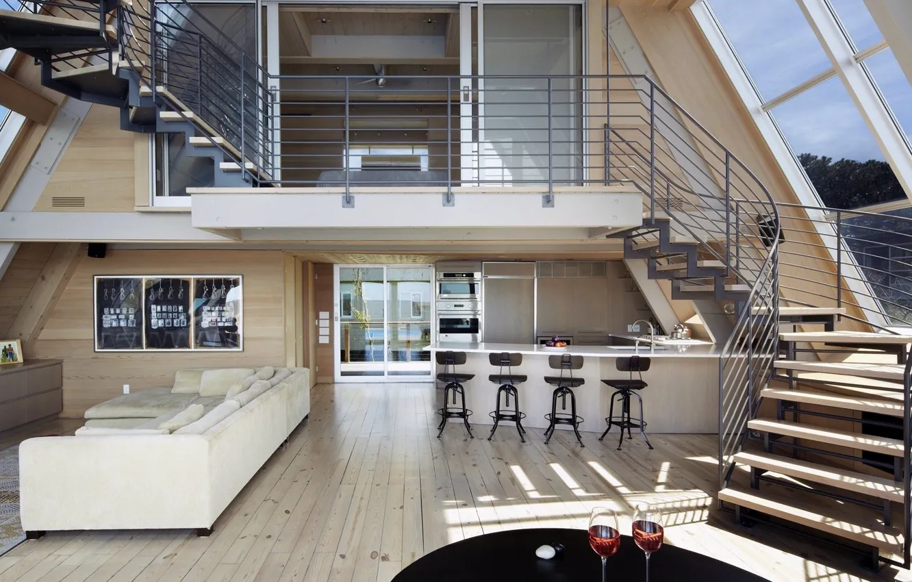 Фото обои вилла, интерьер, гостиная, столовая, три уровня, modern a frame house