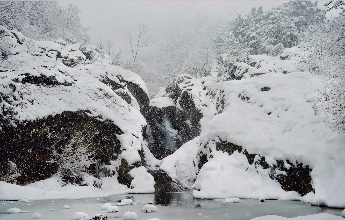 Фото обои Зима, Водопад, Снег, Мороз, Blizzard, Winter, Frost, Snow