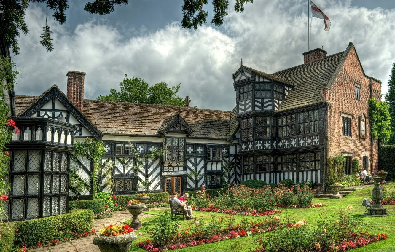 Фото обои цветы, парк, здание, Англия, сад, England, Gawsworth, Gawsworth Old Hall
