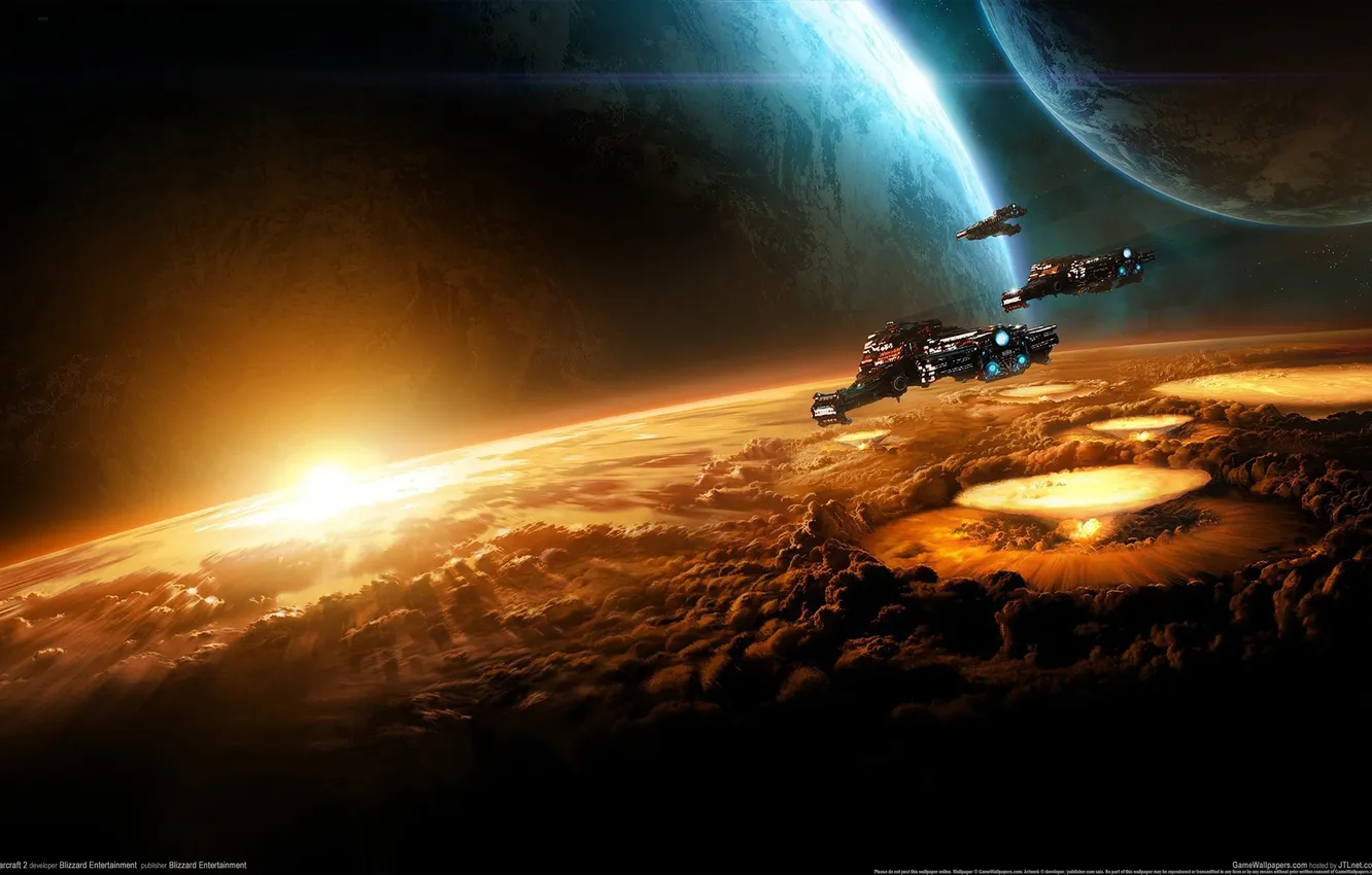 Фото обои взрыв, планета, терран, крейсер, Star Craft 2, SC2