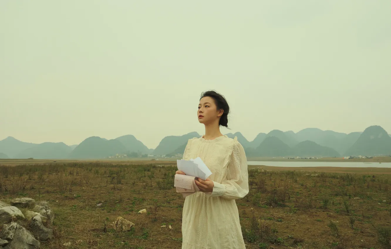 Фото обои Beautiful, Asian, Model, Water, Cloudy, Woman, Mountains, River